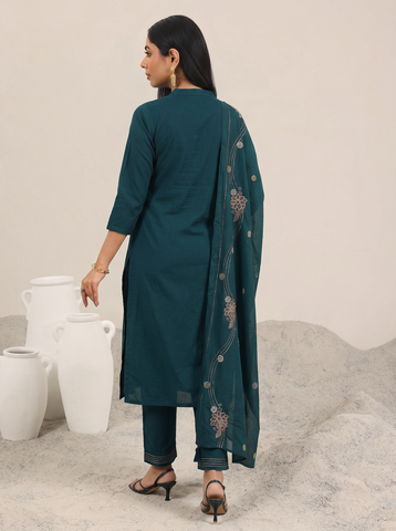 Navy Blue Embroidered Cotton A-Line Kurta Set for Women with Dupatta