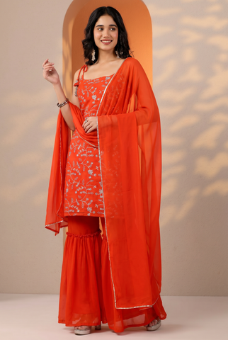 Orange Full Heavy Embroidered Sharara Suit Set For Women With Dupatta