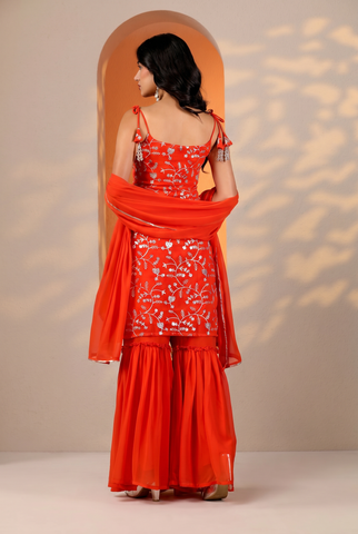Orange Full Heavy Embroidered Sharara Suit Set For Women With Dupatta