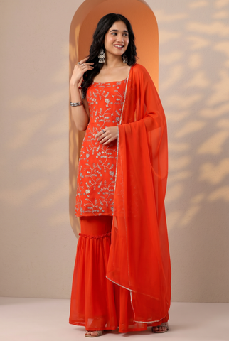 Orange Full Heavy Embroidered Sharara Suit Set For Women With Dupatta
