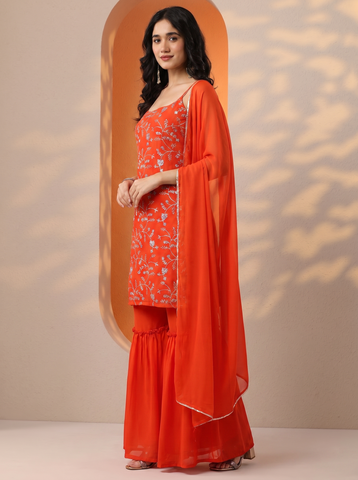 Orange Full Heavy Embroidered Sharara Suit Set For Women With Dupatta