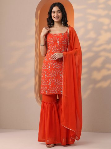 Orange Full Heavy Embroidered Sharara Suit Set For Women With Dupatta