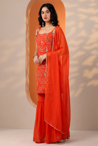 Orange Full Heavy Embroidered Sharara Suit Set For Women With Dupatta