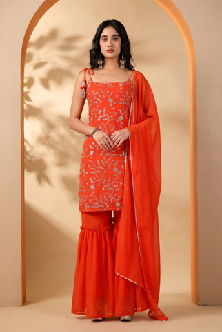 Orange Full Heavy Embroidered Sharara Suit Set For Women With Dupatta
