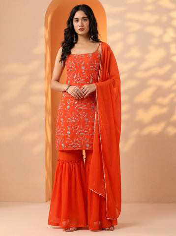 Orange Full Heavy Embroidered Sharara Suit Set For Women With Dupatta