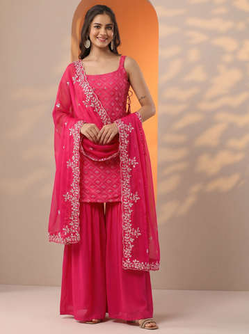 Pink Heavy Embroidered Sharara Suit Set For Women With Dupatta