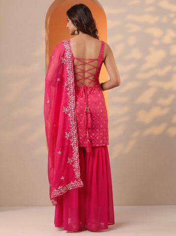 Pink Heavy Embroidered Sharara Suit Set For Women With Dupatta