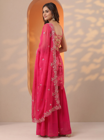 Pink Heavy Embroidered Sharara Suit Set For Women With Dupatta