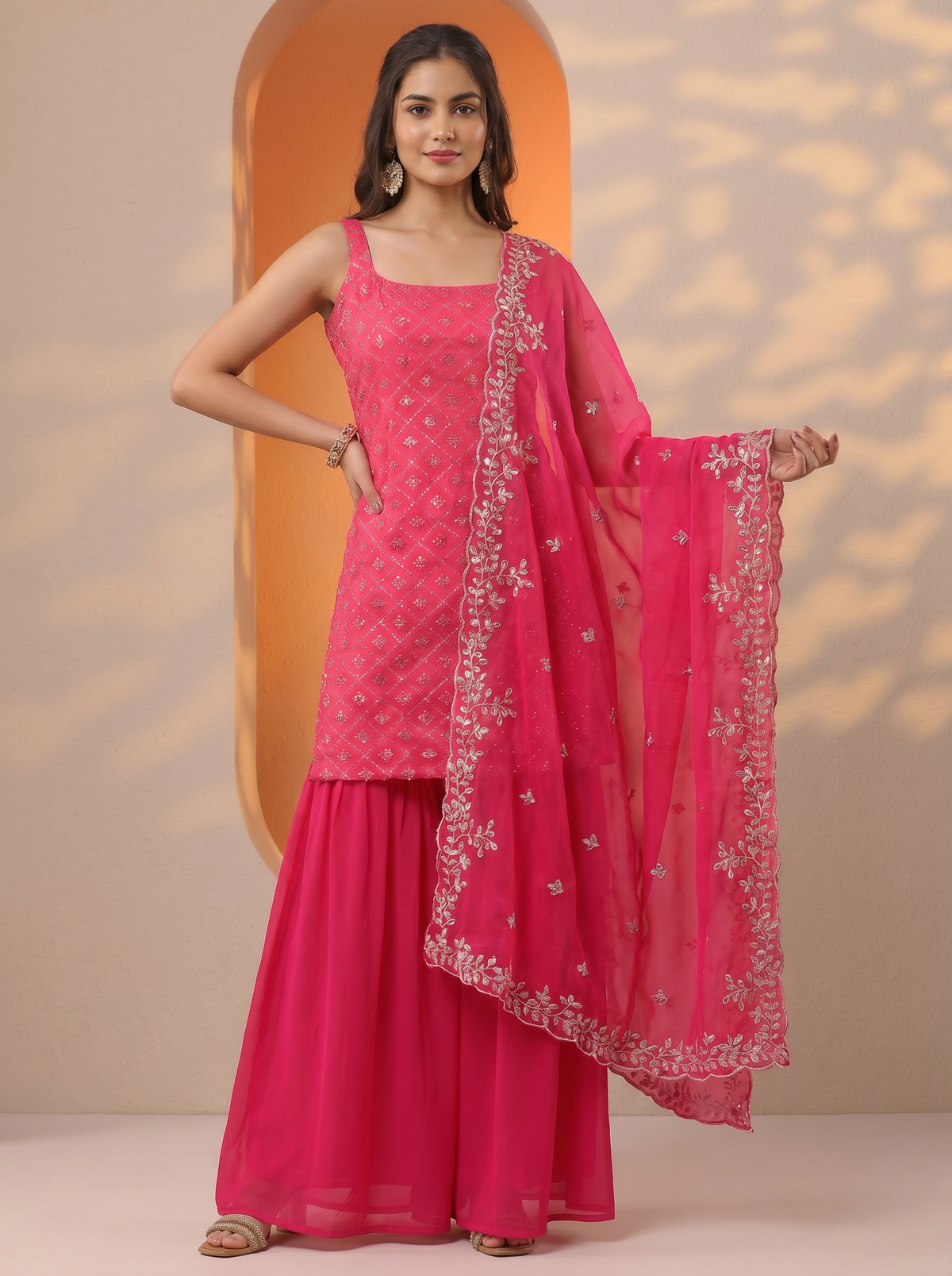 Pink Heavy Embroidered Sharara Suit Set For Women With Dupatta
