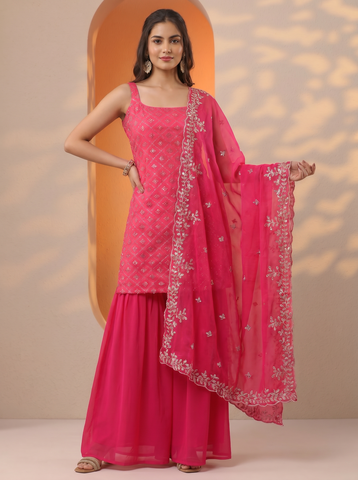 Pink Heavy Embroidered Sharara Suit Set For Women With Dupatta