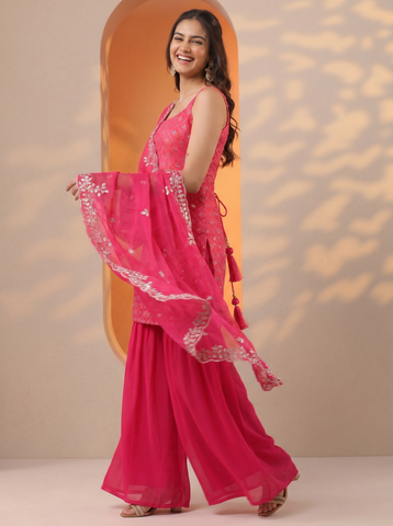 Pink Heavy Embroidered Sharara Suit Set For Women With Dupatta