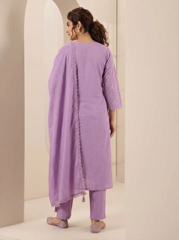 Purple Embroidered Cotton A-Line Kurta Set for Women with Dupatta
