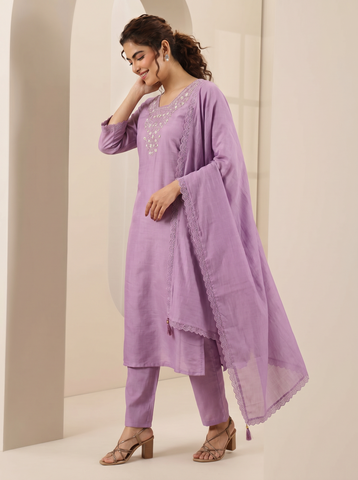 Purple Embroidered Cotton A-Line Kurta Set for Women with Dupatta