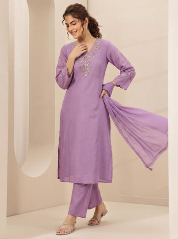 Purple Embroidered Cotton A-Line Kurta Set for Women with Dupatta
