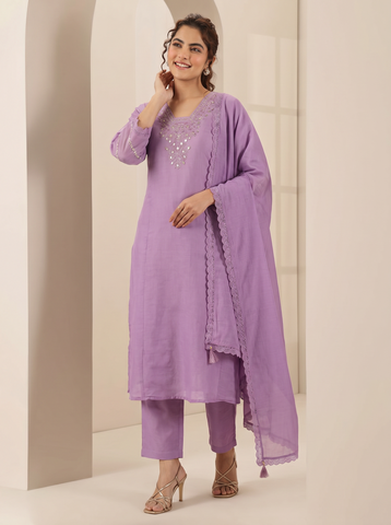 Purple Embroidered Cotton A-Line Kurta Set for Women with Dupatta