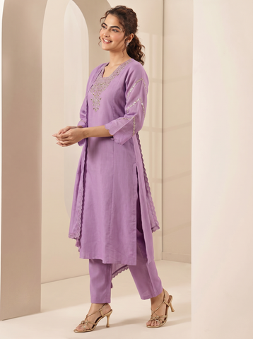 Purple Embroidered Cotton A-Line Kurta Set for Women with Dupatta
