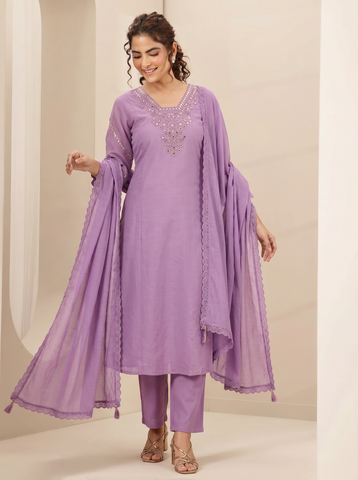 Purple Embroidered Cotton A-Line Kurta Set for Women with Dupatta