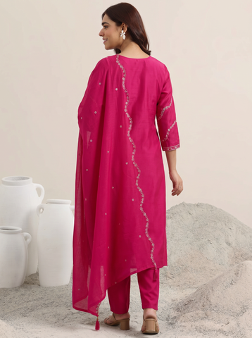 Rani Pink Embroidered Cotton A-Line Suit Set for Women with Dupatta