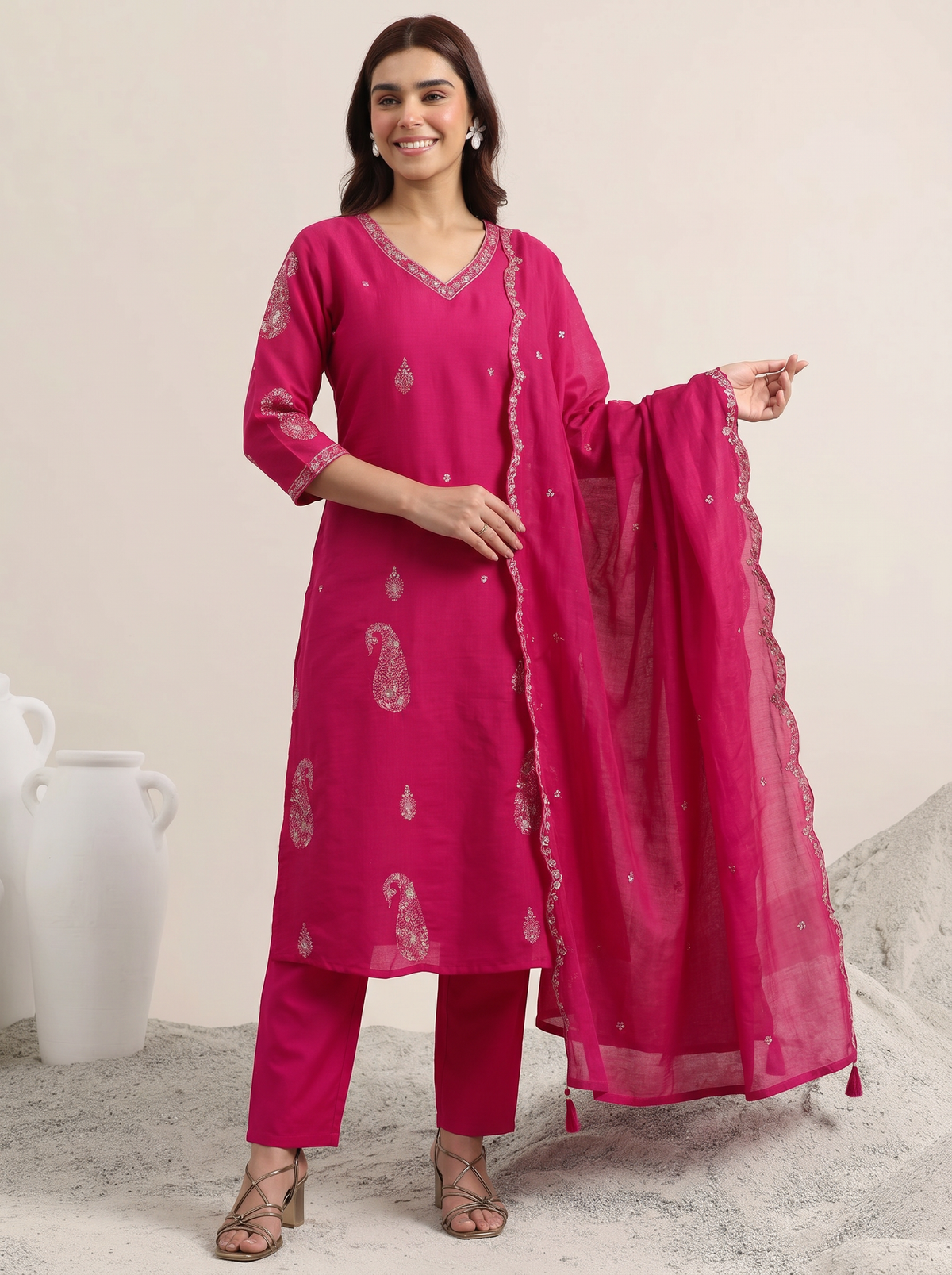 Rani Pink Embroidered Cotton A-Line Suit Set for Women with Dupatta