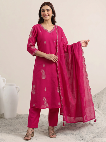 Rani Pink Embroidered Cotton A-Line Suit Set for Women with Dupatta