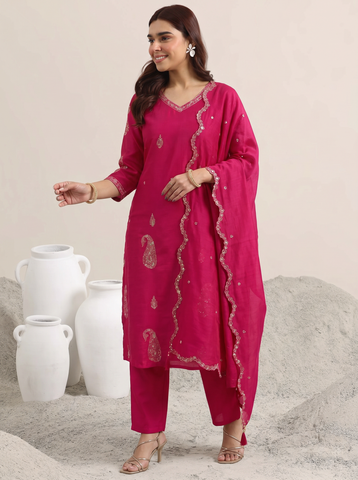 Rani Pink Embroidered Cotton A-Line Suit Set for Women with Dupatta