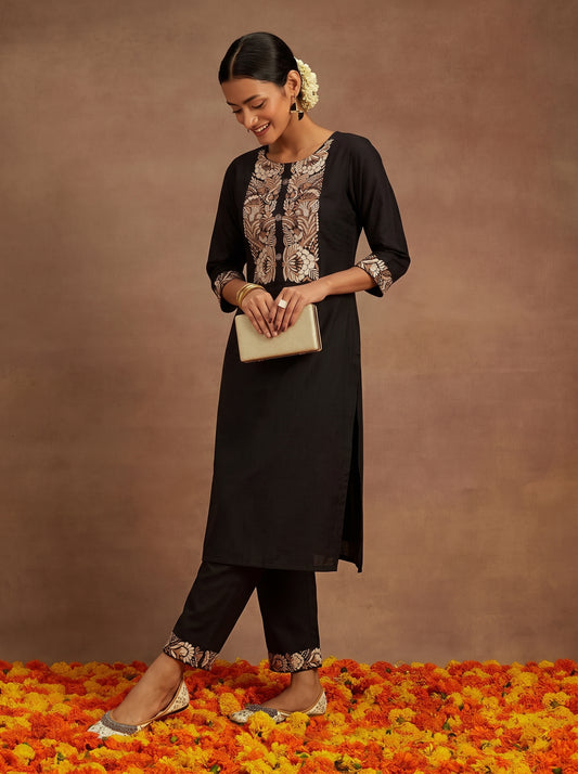 Women's Black Cotton Embroidered Kurta Set with Pants