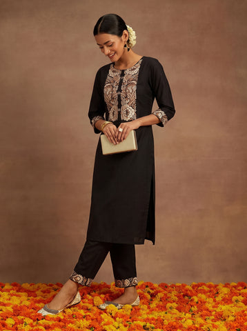 Women's Black Cotton Embroidered Kurta Set with Pants