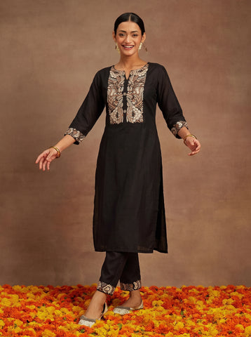Women's Black Cotton Embroidered Kurta Set with Pants