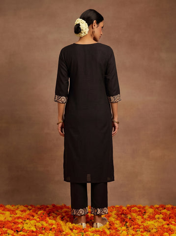 Women's Black Cotton Embroidered Kurta Set with Pants