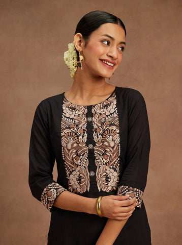 Women's Black Cotton Embroidered Kurta Set with Pants