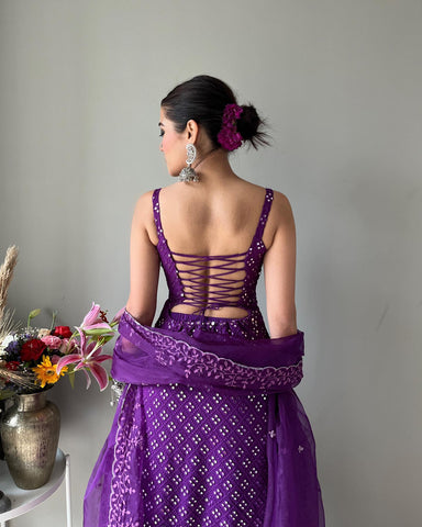 Royal Purple Embroidery Work Kurti Sharara Suit Set With Dupatta