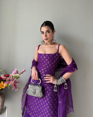 Royal Purple Embroidery Work Kurti Sharara Suit Set With Dupatta