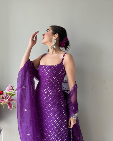 Royal Purple Embroidery Work Kurti Sharara Suit Set With Dupatta