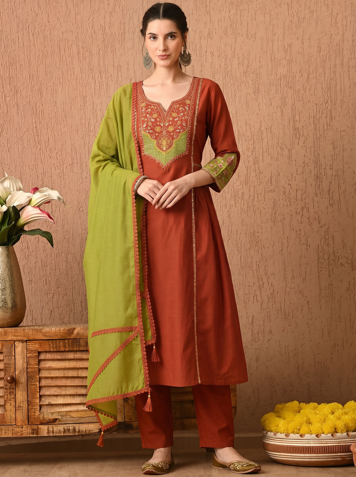 Rust Orange Embroidered Cotton A-Line Kurta Set for Women with Dupatta