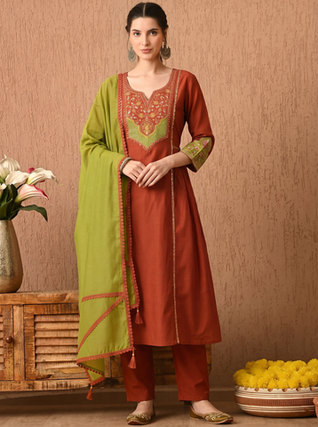 Rust Orange Embroidered Cotton A-Line Kurta Set for Women with Dupatta