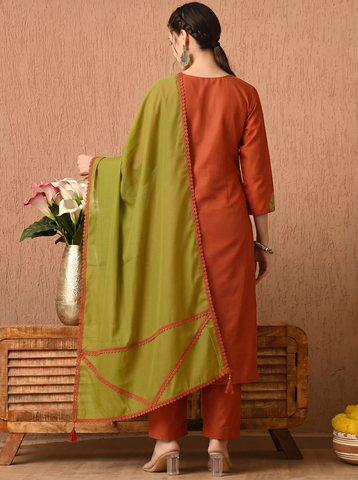 Rust Orange Embroidered Cotton A-Line Kurta Set for Women with Dupatta