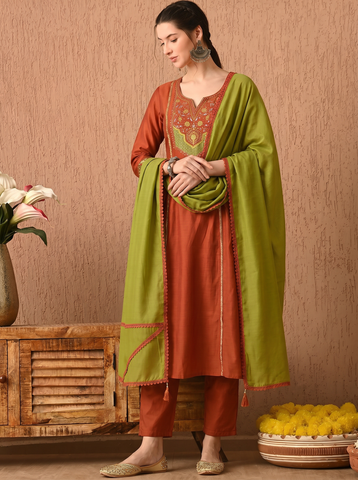 Rust Orange Embroidered Cotton A-Line Kurta Set for Women with Dupatta