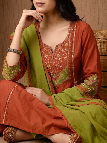 Rust Orange Embroidered Cotton A-Line Kurta Set for Women with Dupatta
