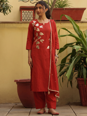 Rust Orange Foil Work Short Kurta Set With Dupatta