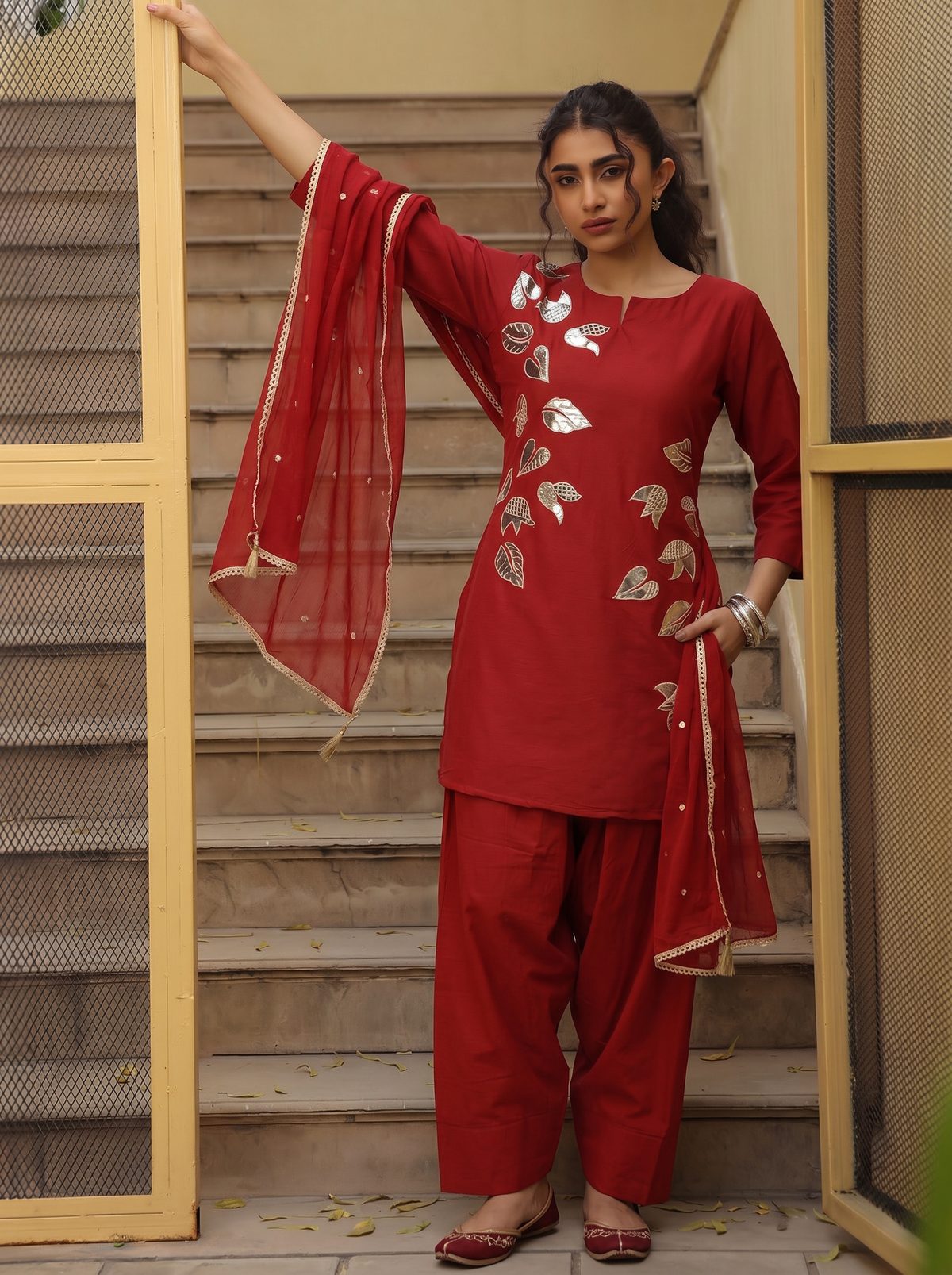Rust Orange Foil Work Short Kurta Set With Dupatta