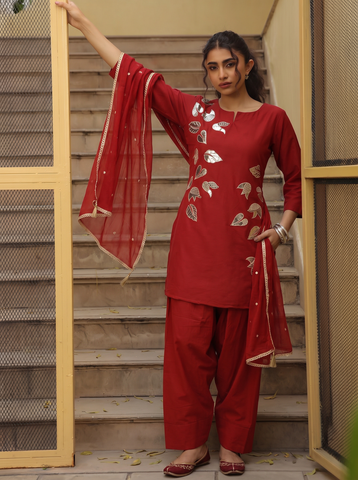 Rust Orange Foil Work Short Kurta Set With Dupatta