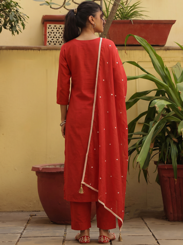 Rust Orange Foil Work Short Kurta Set With Dupatta