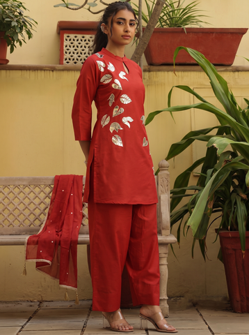 Rust Orange Foil Work Short Kurta Set With Dupatta