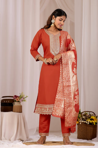 Rust Orange Embroidery Neck Design Cotton Straight Kurta Set for Women With Dupatta