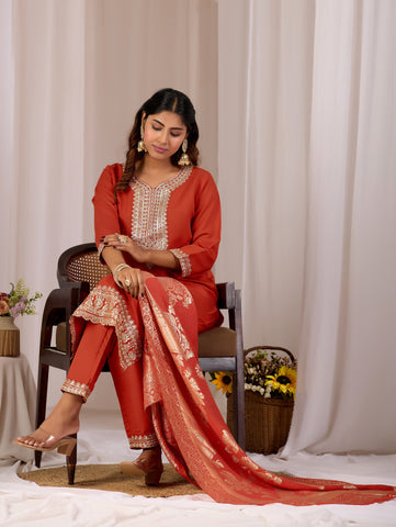 Rust Orange Embroidery Neck Design Cotton Straight Kurta Set for Women With Dupatta