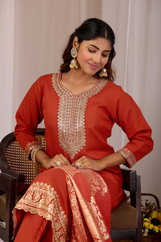 Rust Orange Embroidery Neck Design Cotton Straight Kurta Set for Women With Dupatta