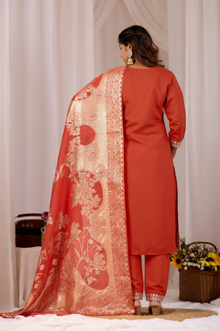 Rust Orange Embroidery Neck Design Cotton Straight Kurta Set for Women With Dupatta