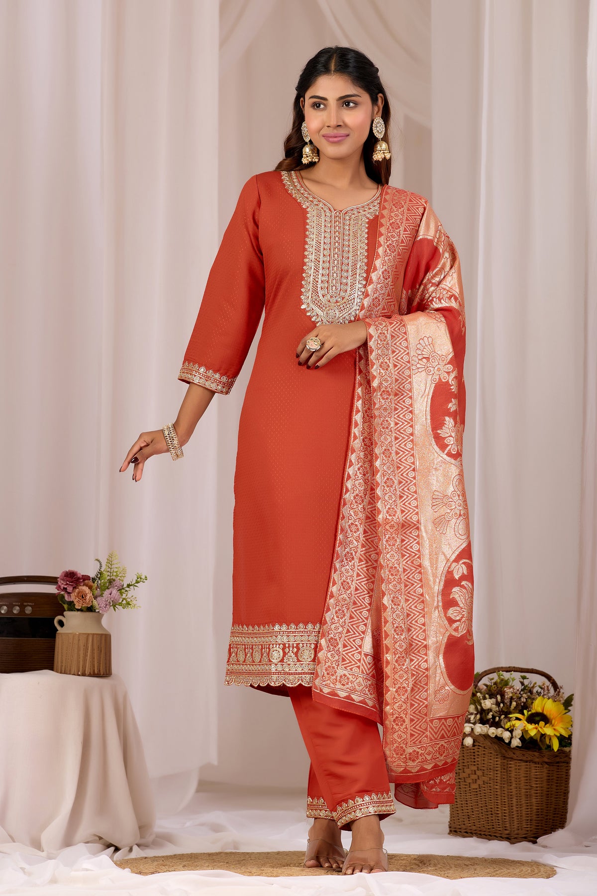 Rust Orange Embroidery Neck Design Cotton Straight Kurta Set for Women With Dupatta