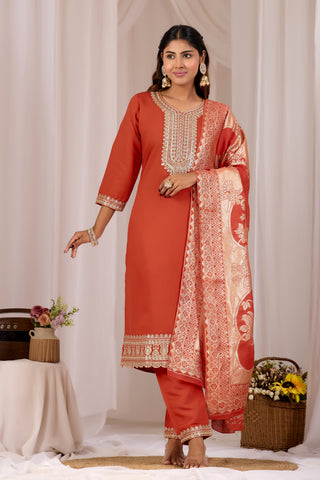Rust Orange Embroidery Neck Design Cotton Straight Kurta Set for Women With Dupatta