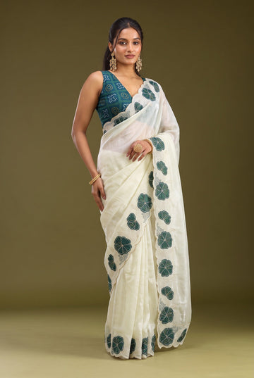Cream NC Silk Saree with Dark Green Bandhani Cutwork Flowers & Sequin Embroidery